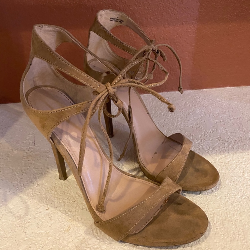 Nude/tan faux suede stiletto angle tie high heel